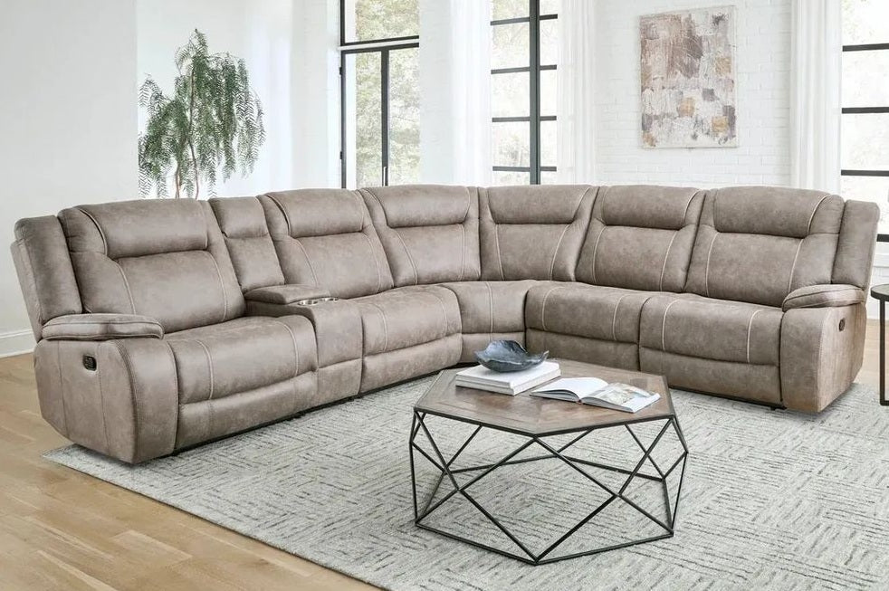 Blake-SECT 6 pc Blake taupe faux leather like fabric modular sectional sofa with 3 recliners cup console
