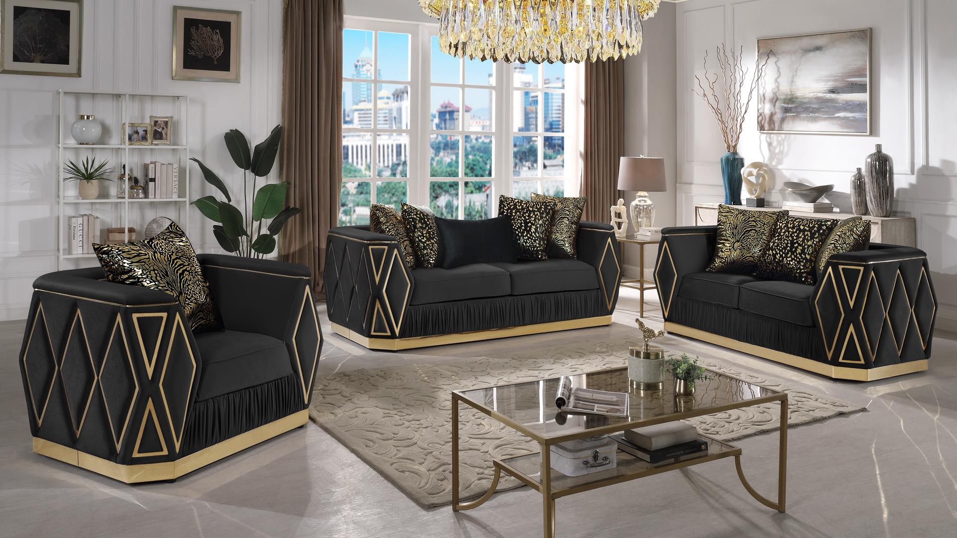 2 pc Cavalli black fabric upholstered diamond pattern arms gold trim accents sofa and love seat set