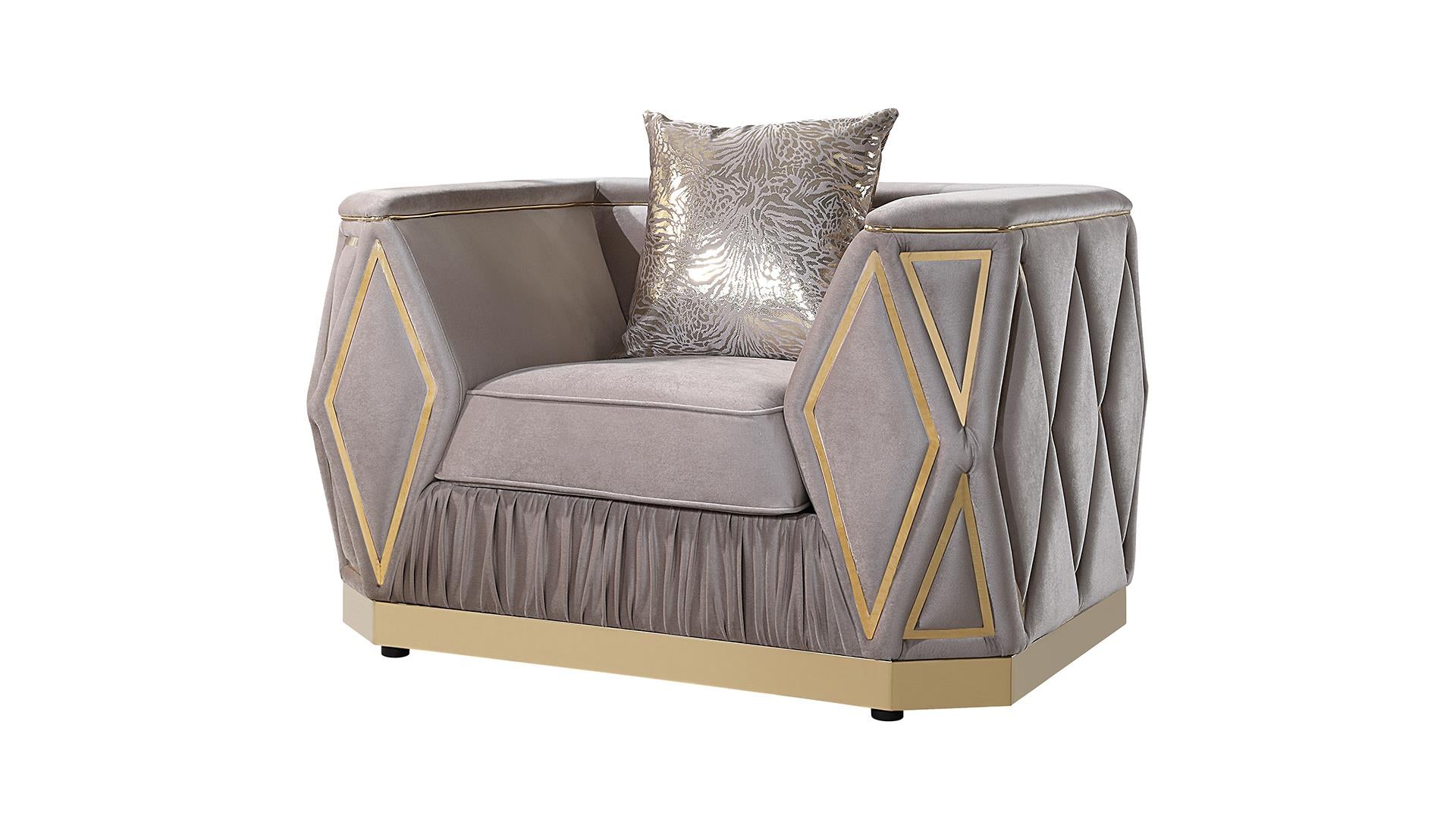 2 pc Cavalli gray fabric upholstered diamond pattern arms gold trim accents sofa and love seat set