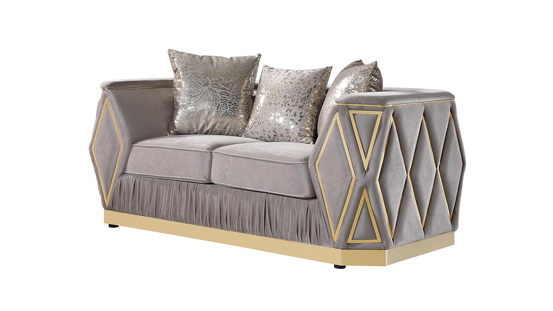 2 pc Cavalli gray fabric upholstered diamond pattern arms gold trim accents sofa and love seat set
