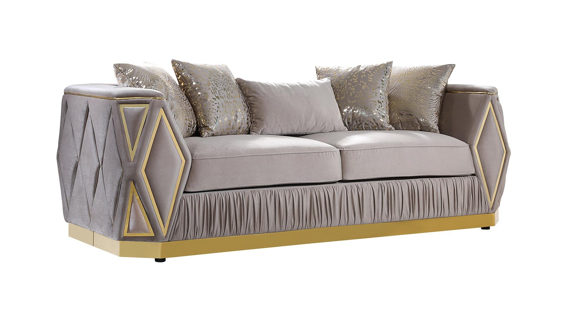 2 pc Cavalli gray fabric upholstered diamond pattern arms gold trim accents sofa and love seat set