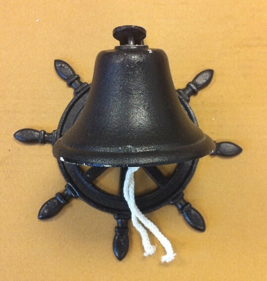 Cast iron antique black boat wheel wall hanger w/bell