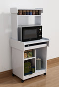 CD190-WHT  White finish wood Microwave kitchen cart cabinet with casters with pull out shelf and upper shelf