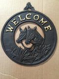 Cg-1235, cast iron black round welcome sign, 8"x 9 1/2"