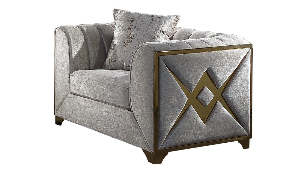 2 pc Velencia cream fabric upholstered double X design gold trim accents sofa and love seat set