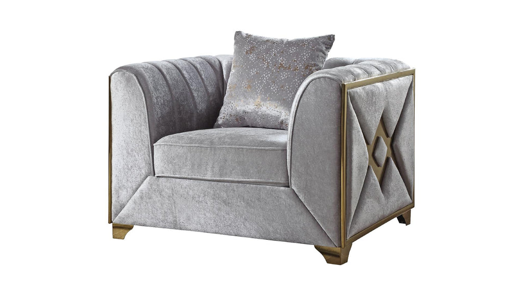 2 pc Velencia silver fabric upholstered double X design gold trim accents sofa and love seat set