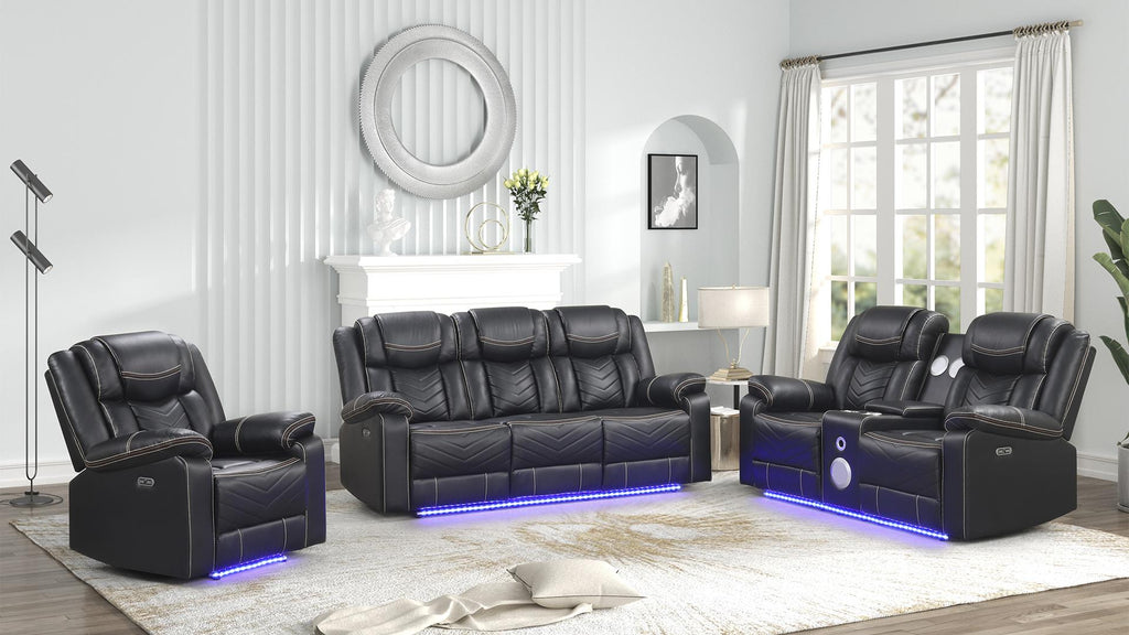 Challenger Black Faux Leather 2-Piece Power Motion Sofa and Love Seat with USB, LED & Bluetooth – Matrix
