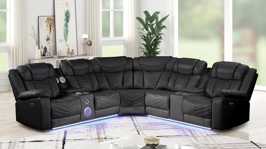 3 pc Challenger black faux leather power motion sectional sofa with LED , USB charging, cup holders Bluetooth speakers