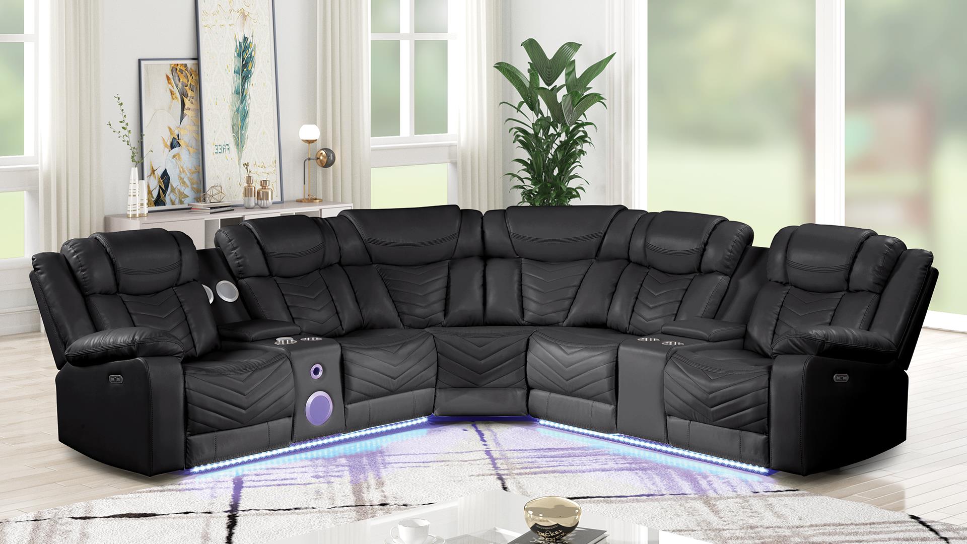 3 pc Challenger black faux leather power motion sectional sofa with LED , USB charging, cup holders Bluetooth speakers