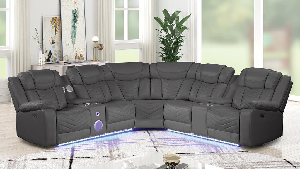3 pc Challenger grey faux leather power motion sectional sofa with LED , USB charging, cup holders Bluetooth speakers