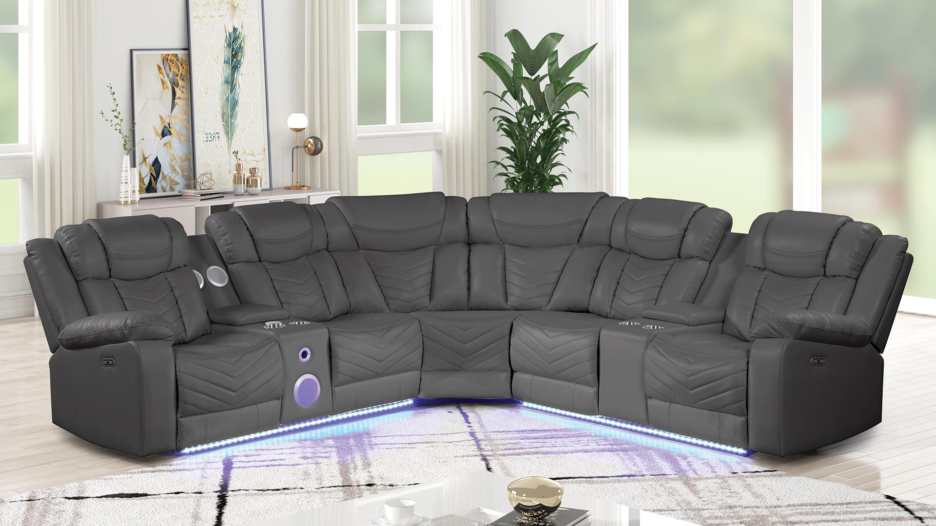 3 pc Challenger grey faux leather power motion sectional sofa with LED , USB charging, cup holders Bluetooth speakers