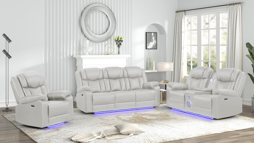2 pc Challenger ice faux leather power motion sofa and love seat with USB charging, LEDS , cup holders bluetooth speakers