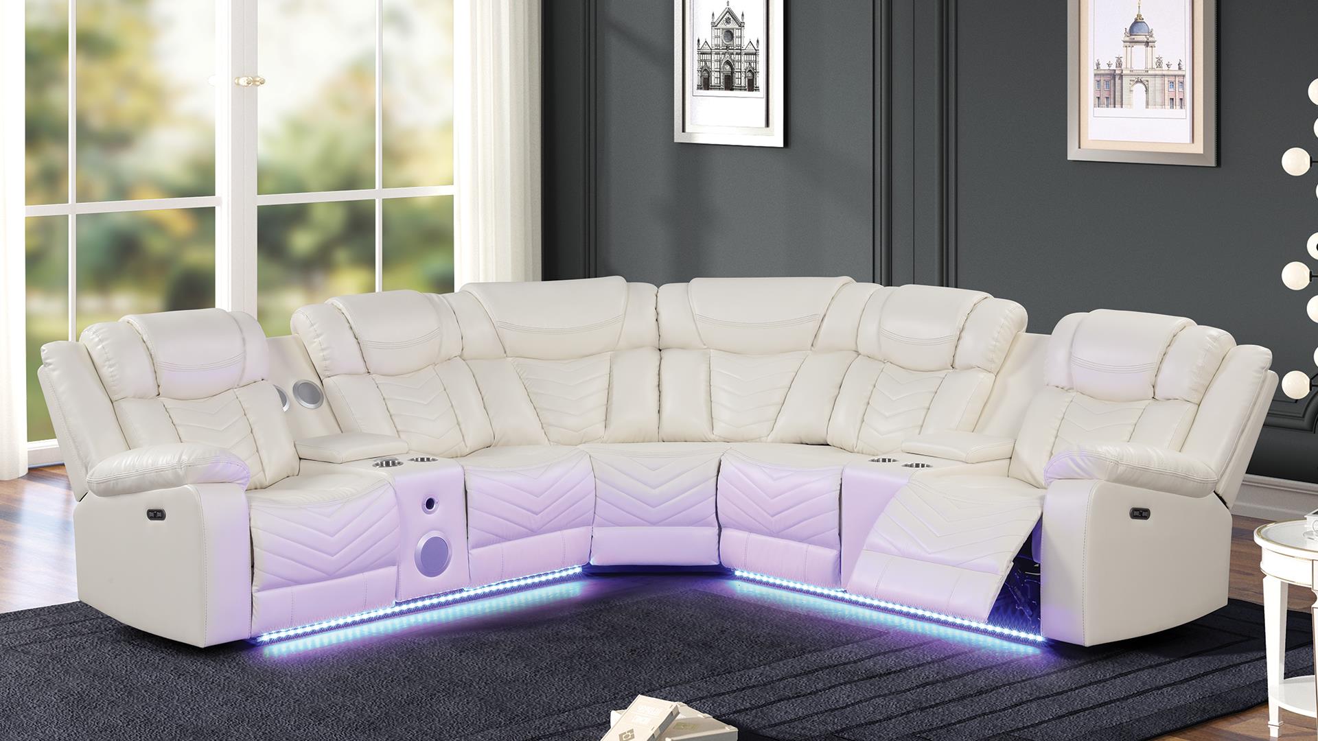 3 pc Challenger ice faux leather power motion sectional sofa with LED , USB charging, cup holders Bluetooth speakers