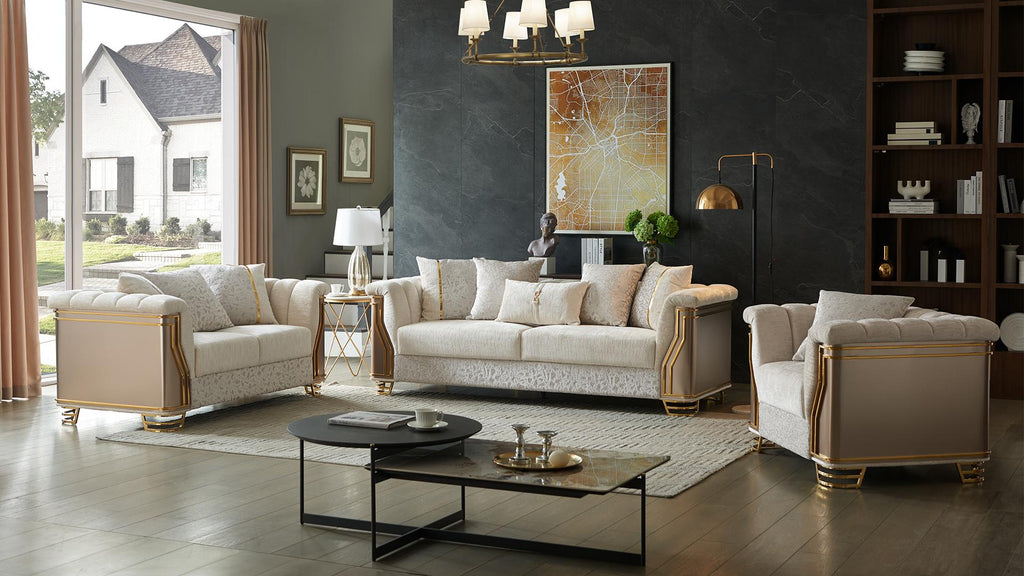 2 pc Chateau beige textured fabric upholstered paneled arms gold trim accents sofa and love seat set