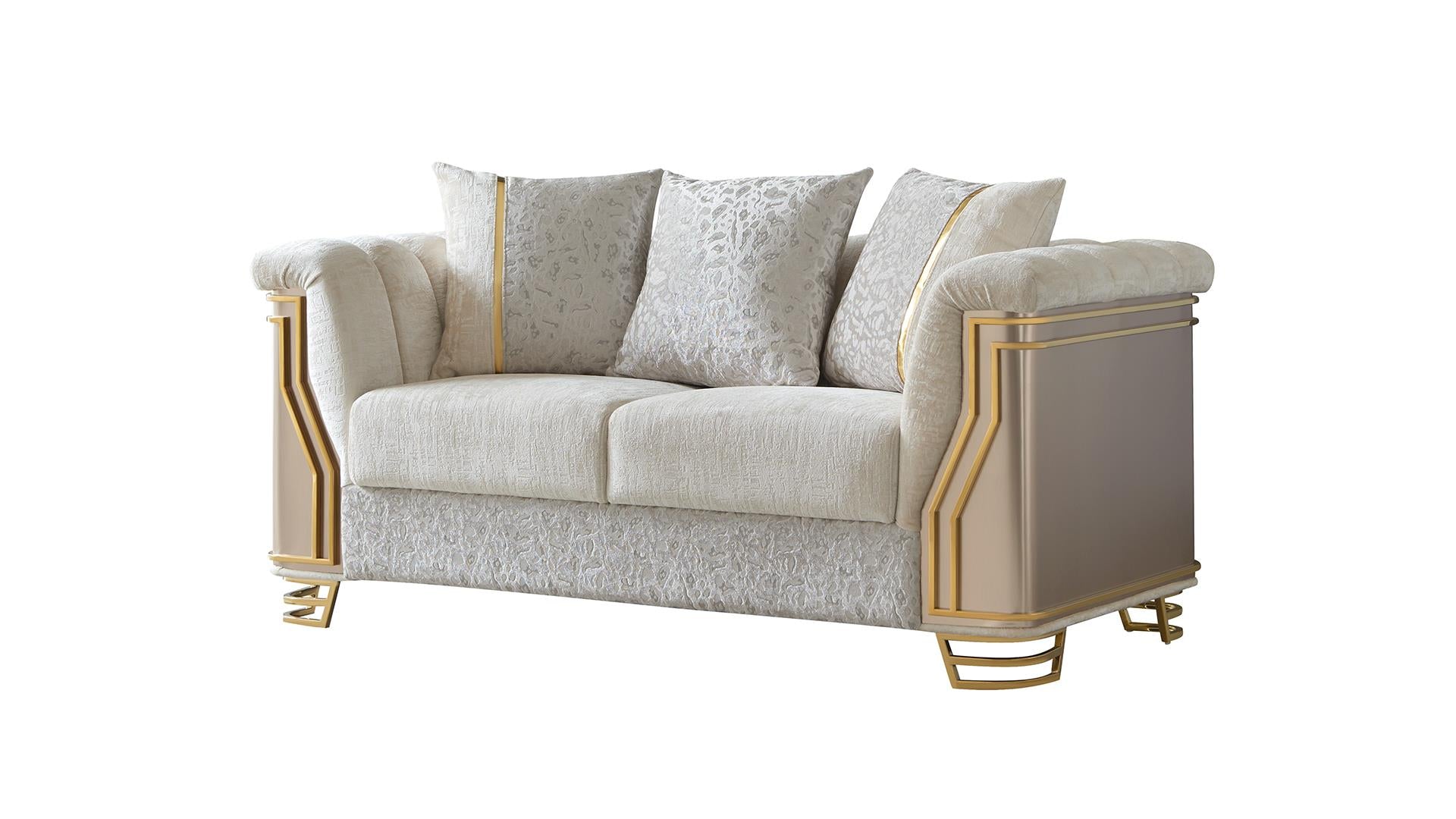 2 pc Chateau beige textured fabric upholstered paneled arms gold trim accents sofa and love seat set