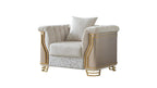 2 pc Chateau beige textured fabric upholstered paneled arms gold trim accents sofa and love seat set