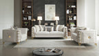 2 pc Contessa beige fabric upholstered sunburst pattern arms gold trim accents sofa and love seat set