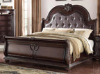 B1600 4 pc Stanley brown cherry finish wood faux leather tufted upholstered headboard sleigh style bedroom set with marble tops