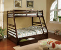 CM-BK588EX California ii dark walnut wood finish mission style twin over full bunk bed with front access ladder with 2 under bed drawers