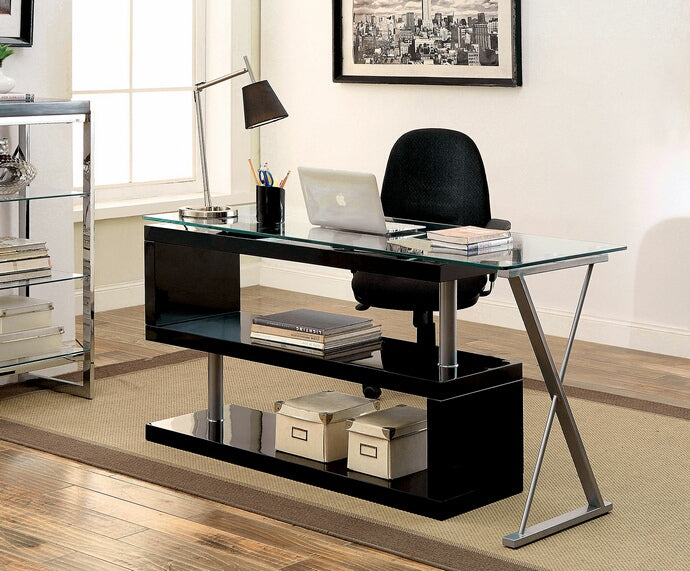 CM-DK6131BK Bronwen black finish wood and glass top l shaped convertible desk