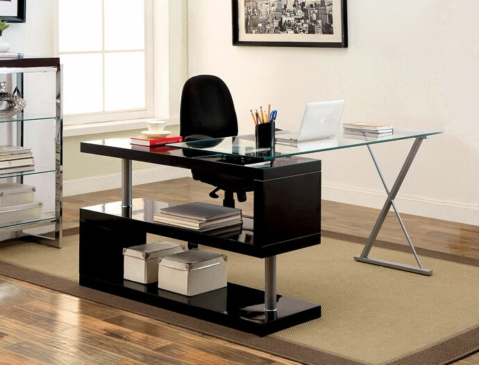 CM-DK6131BK Bronwen black finish wood and glass top l shaped convertible desk