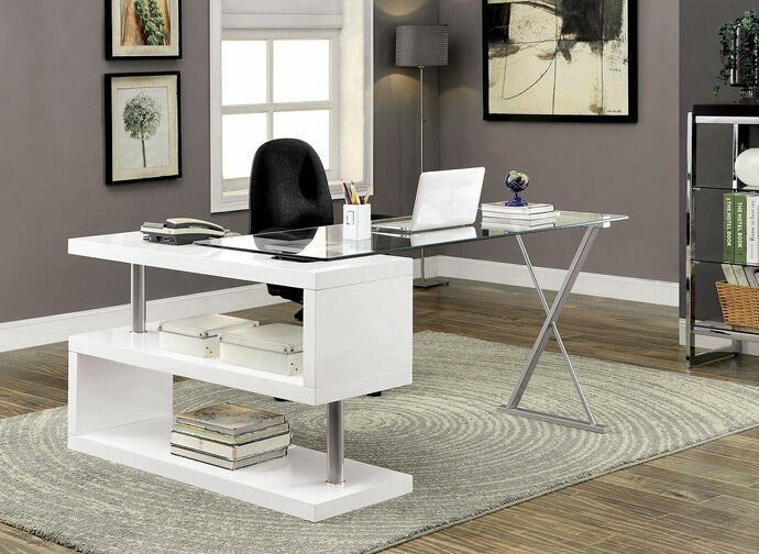 CM-DK6131WH Bronwen white finish wood and glass top l shaped convertible desk