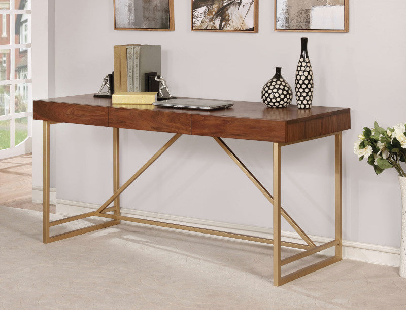 CM-DK6447 Halstein walnut wood gold finish metal frame modern style writing desk