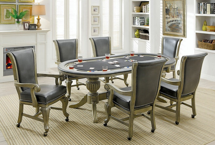 CM-GM367GY 7 pc melina gray finish wood contemporary style oval poker game/ dining table set