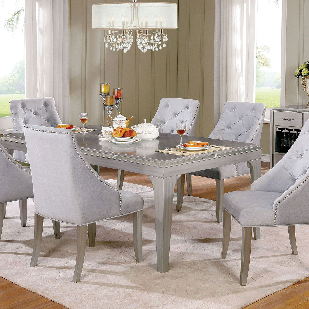 CM3020T 7 pc One allium way arthur diocles silver finish wood dining table set with antique mirror inserts