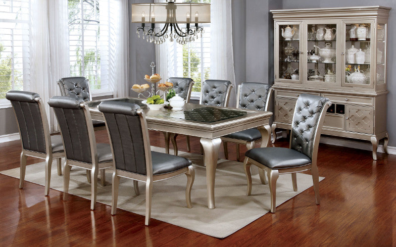 CM3219T-7PC 7 pc Pelia amina champagne finish wood dining table set with glass insert top
