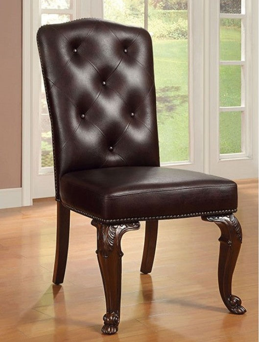 CM3319L-SC 2 pc bellagio brown cherry finish wood faux leather tufted back dining chairs