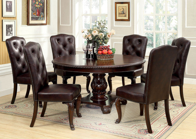 CM3319RT-L-7PC 7 pc bellagio brown cherry finish wood 60" round dining table set faux leather chairs