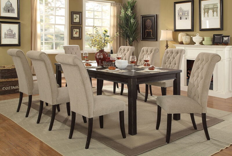 CM3324BK-T-84-3564SC 7 pc sania ii antique black finish wood dining table set with ivory padded chairs