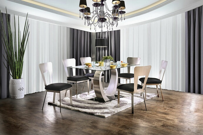 CM3728T-7PC 7 pc Brayden studio wacker nova modern style satin plated metal base glass top dining table set