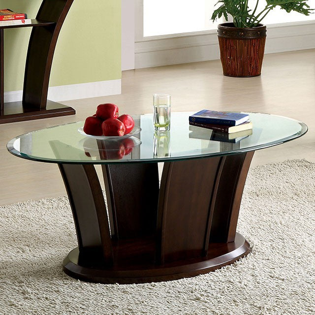 CM4104-C Gracie oaks manhattan dark brown cherry finish wood coffee table with oval clear glass top