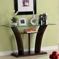 CM4104-S Gracie oaks manhattan dark brown cherry finish wood sofa entry console table with clear glass top