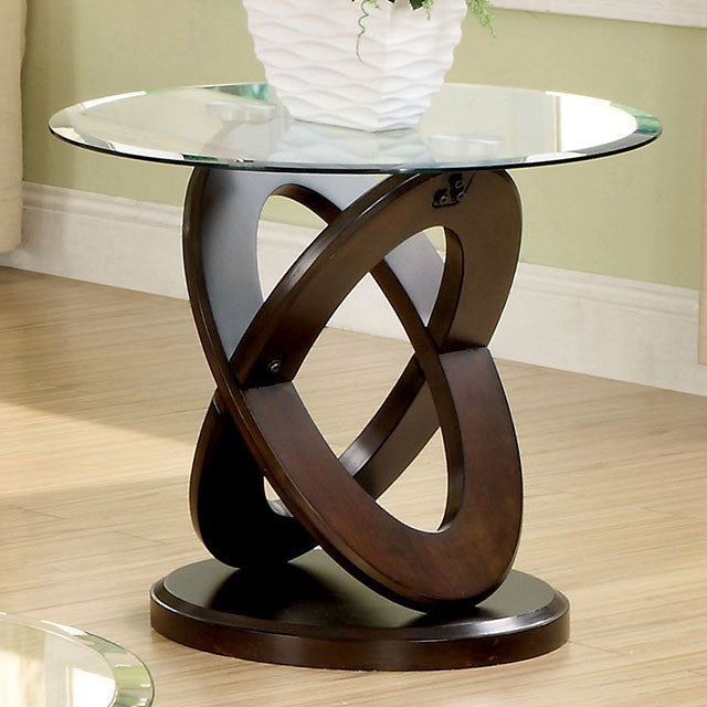 CM4401E Ebern designs Atwood dark walnut finish wood end table with oval clear glass top
