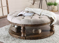 CM4424A-F-C Mika antique oak finish wood tufted top round coffee table