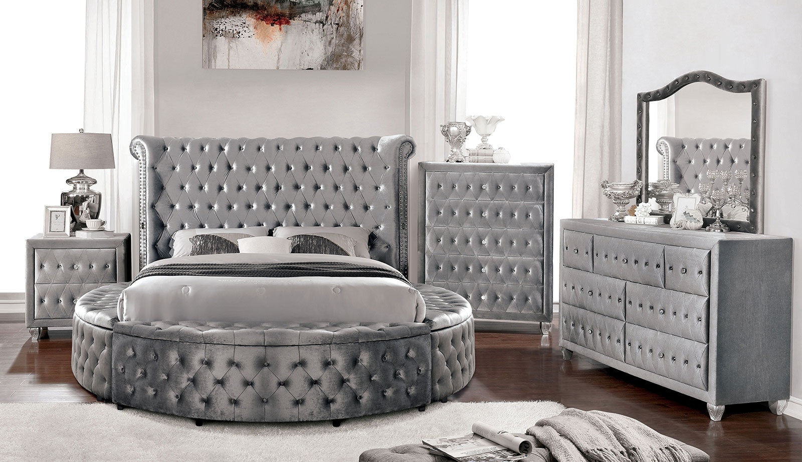 CM7178GY-Q-4PC 4 pc Red barrel studio linford delilah grey fabric upholstered art deco style design round queen bed set