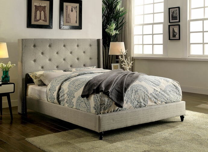 CM7677GY-EK Anabelle warm gray fabric and tufted tall Eastern King headboard bed frame set