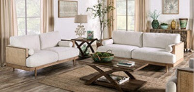 CM9981-2PC 2 pc A&J homes studio Alesund beige fabric light oak finish wood sofa and love seat set