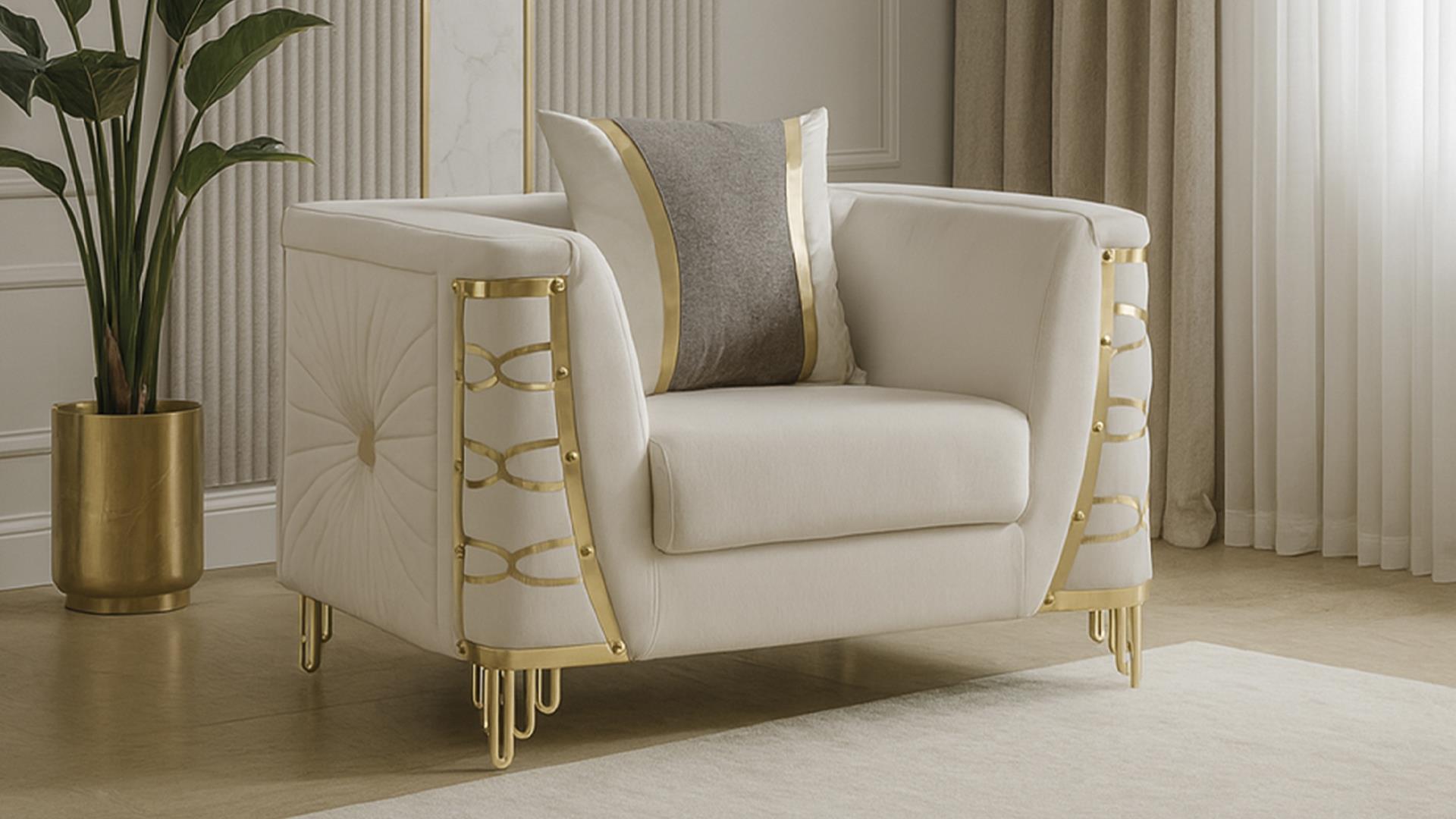 2 pc Contessa beige fabric upholstered sunburst pattern arms gold trim accents sofa and love seat set