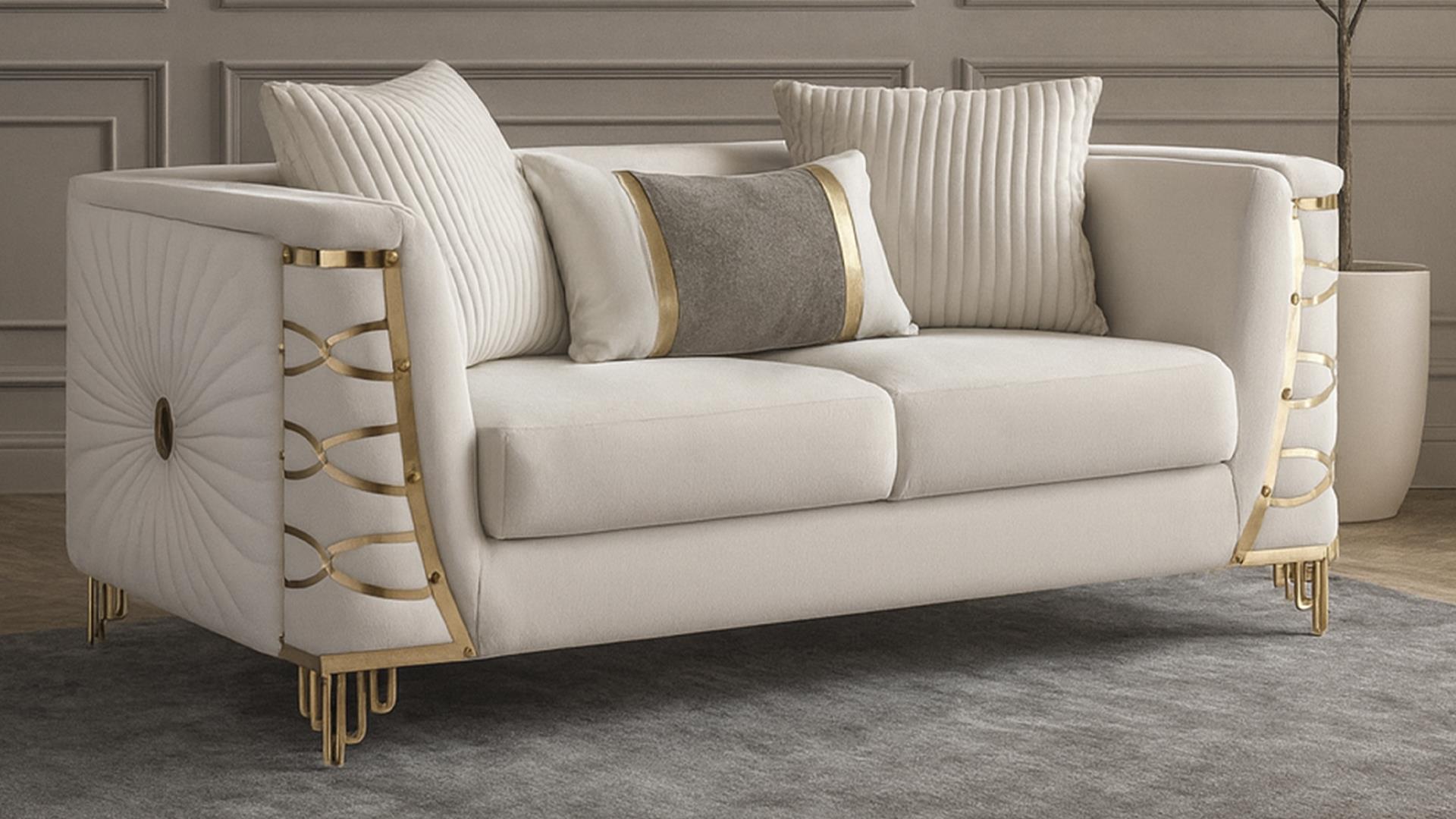 2 pc Contessa beige fabric upholstered sunburst pattern arms gold trim accents sofa and love seat set