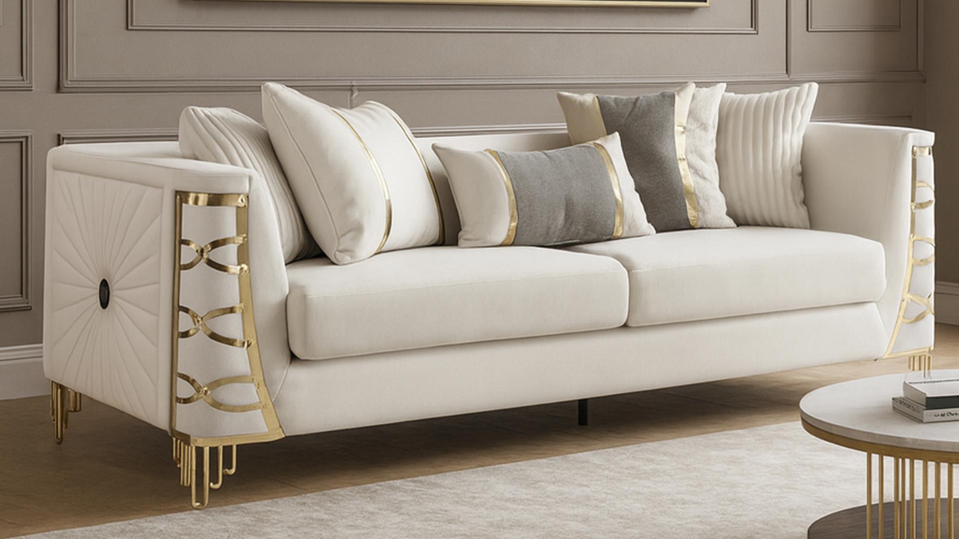 2 pc Contessa beige fabric upholstered sunburst pattern arms gold trim accents sofa and love seat set