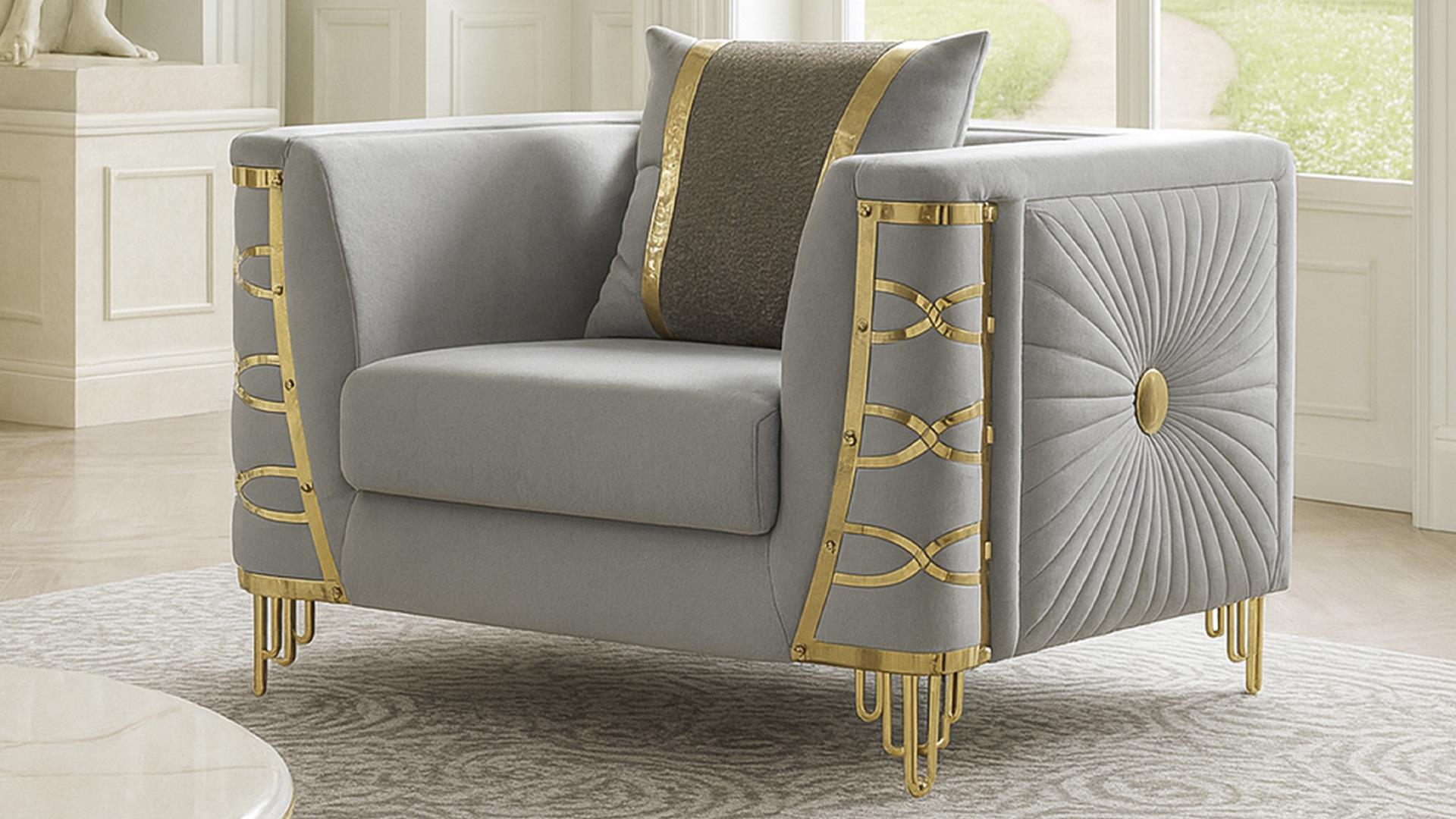 2 pc Contessa gray fabric upholstered sunburst pattern arms gold trim accents sofa and love seat set