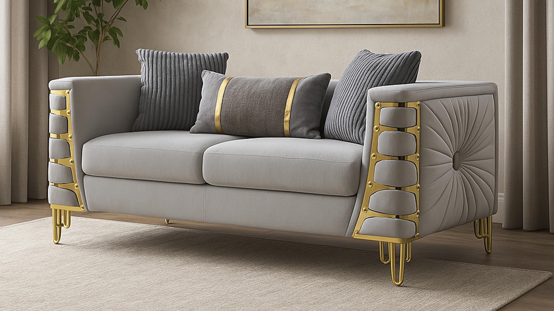 2 pc Contessa gray fabric upholstered sunburst pattern arms gold trim accents sofa and love seat set