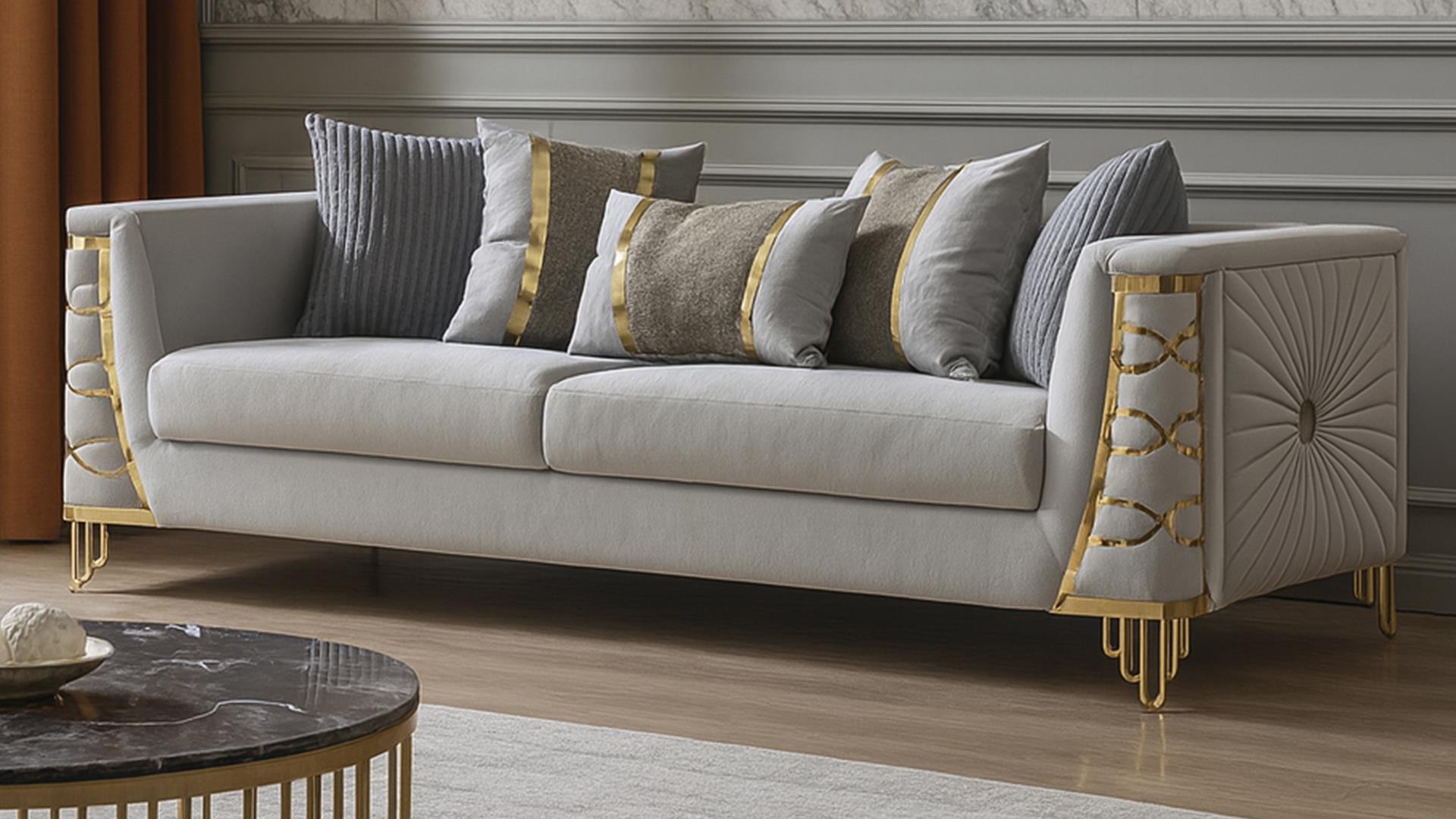 2 pc Contessa gray fabric upholstered sunburst pattern arms gold trim accents sofa and love seat set