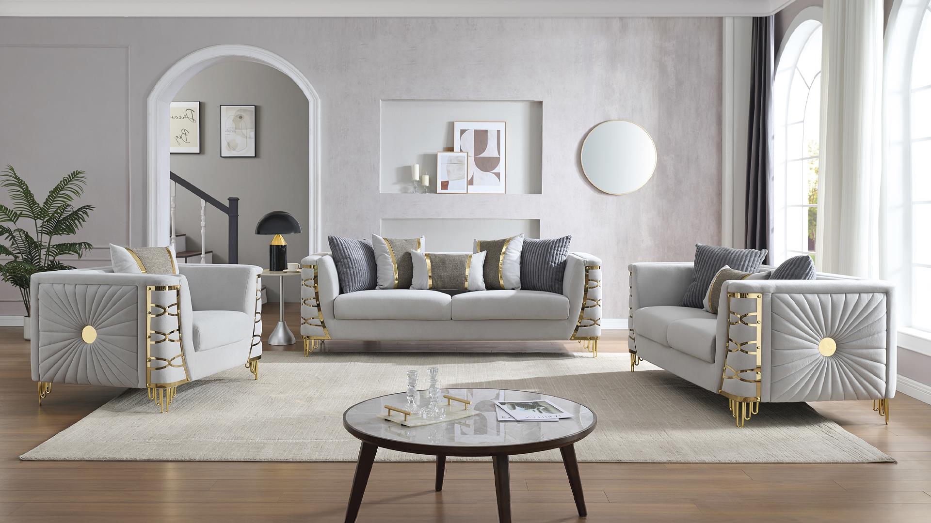 2 pc Contessa gray fabric upholstered sunburst pattern arms gold trim accents sofa and love seat set