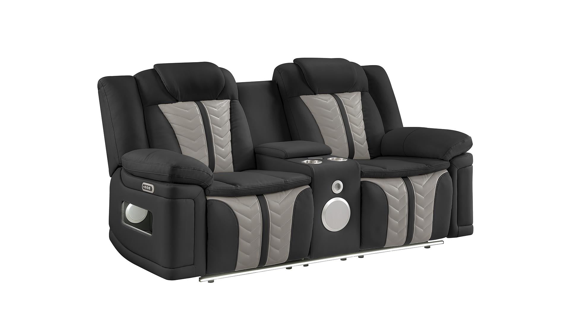 2 pc Cruiser black / grey faux leather power motion sofa and love seat with massagers , wireless charging, LEDS , cup holders