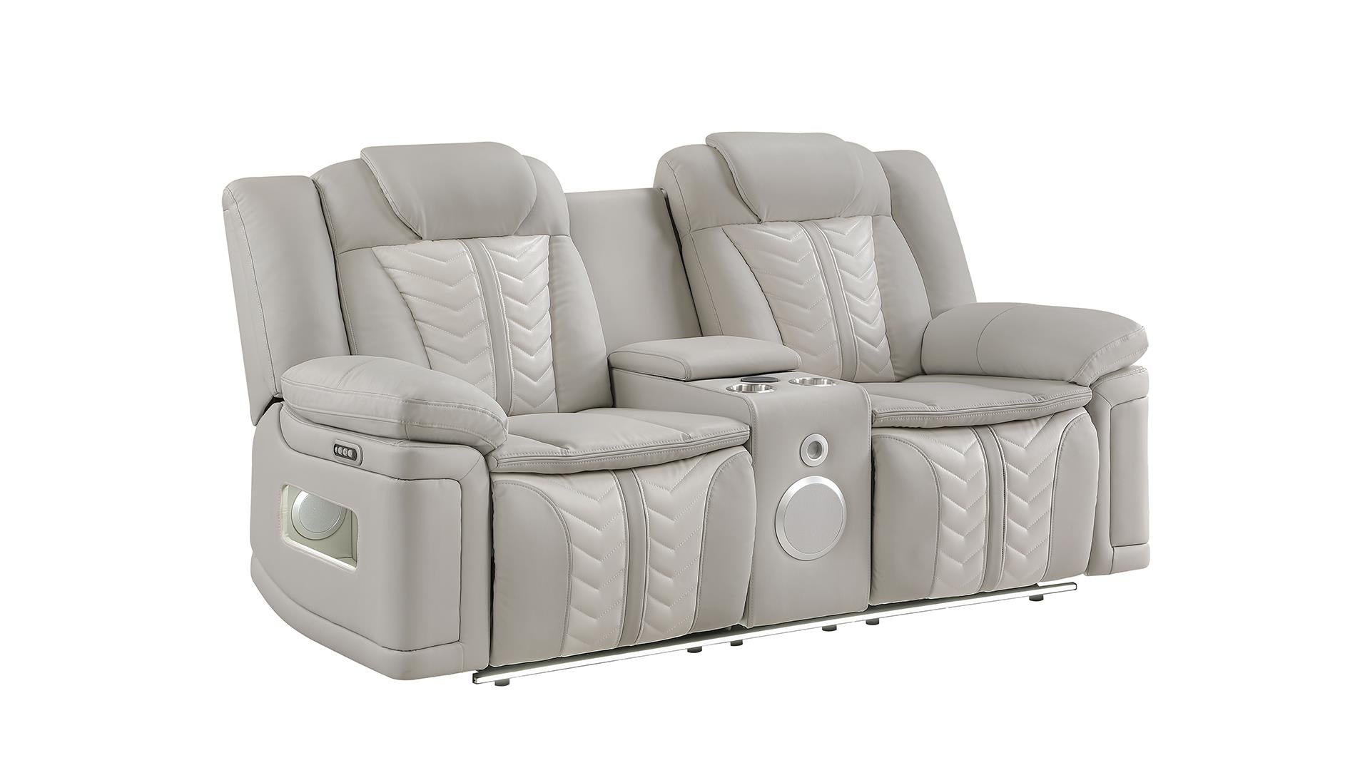 2 pc Cruiser grey / ice faux leather power motion sofa and love seat with massagers , wireless charging, LEDS , cup holders